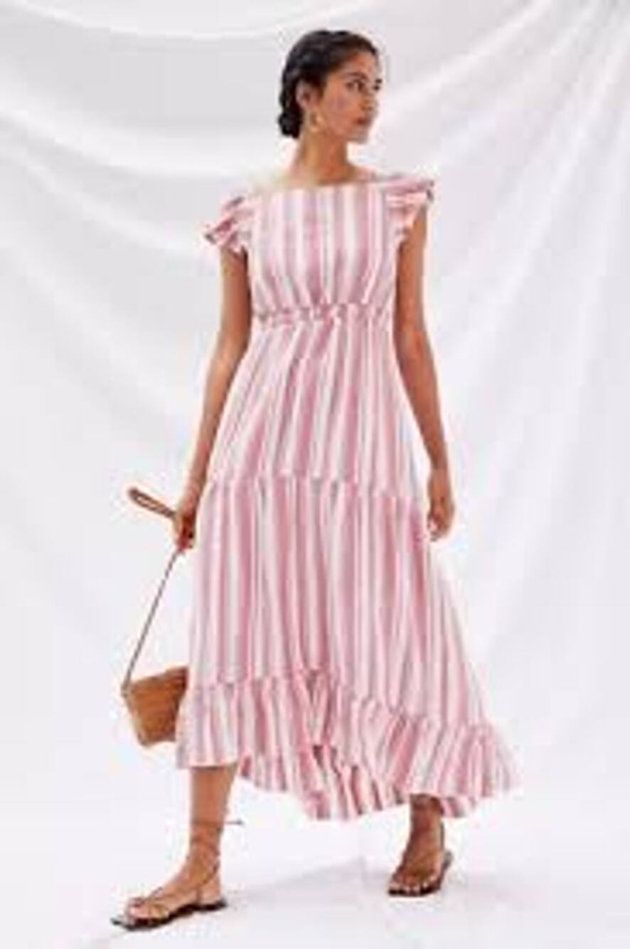 Maeve Anthropologie Pink Striped Tiered Maxi Dress Size XS Ruffle Sleeve